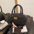 Mini black matte leather bowling bag with gold hardware and dual carry handles - Black without Pendant