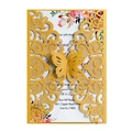 Detail of laser-cut gold butterfly pattern and floral inner card on wedding invitation - Gold