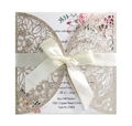 Champagne gold laser cut wedding invitation with glitter finish and satin bow decoration - Light Gold Color