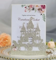 Detailed laser-cut silver glitter castle wedding invitation on decorative dinner plate - Light Gold Glitter