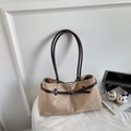 French vintage khaki suede shoulder bag with brown leather straps and large capacity - Khaki No Pendant