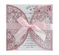 Pink glitter laser-cut wedding invitation with rose pattern and a satin bow - Pink