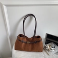 Vintage brown faux suede tote bag with slim shoulder straps and retro buckle detail - Brown No Pendant