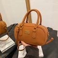 Caramel brown leather bowling bag with top handles and adjustable shoulder strap - Brown No Pendant