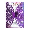 Detailed laser-cut purple lace wedding invitation with 3D butterfly and floral inner page - Dark Purple