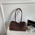 Deep brown faux suede tote bag with vintage buckle and dual shoulder straps for women - Coffee No Charm
