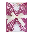 Detail of laser-cut glitter wedding invitation with satin bow and floral inner card - Glitter Rose Red