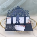 Elegant navy laser cut 3D pop-up wedding invitation set with floral insert and RSVP card - Magic Blue