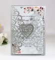 Detailed laser-cut silver wedding invitation with heart pattern and floral inner page - Silver Grey
