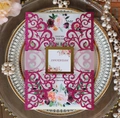Laser cut magenta glitter wedding invitation set with floral card and gold seal - Glitter Rose Red