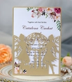 Dettaglio dell'invito di nozze intagliato al laser con castello su carta dorata - Beige Oro