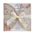 Hollow laser cut wedding invitation with champagne gold glitter and pink floral details - Rose Gold
