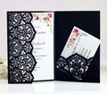 Elegant laser cut black wedding invitation set with floral card and vine pattern - Black