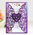 Intricate laser-cut purple heart lace wedding invitation with floral inner card detail - Dark Purple