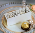 Detailed laser-cut white rose gift box with golden lining for wedding candy or chocolates - Ivory