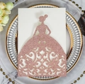 Close-up of laser-cut glitter rose gold wedding invitation with elegant gown design - Glitter Champagne Gold