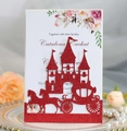 Glitter red laser cut wedding invitation card with elegant castle and horse carriage design - Glitter Red