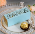 Detail of laser-cut rose candy box in light blue and gold on a white ceramic plate - Pearl Pale Blue
