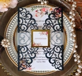 Detailed view of laser-cut glitter navy wedding invitation with floral insert card - Glitter Dark Blue