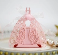 Pink laser-cut wedding favor box with peacock patterns and elegant white organza ribbon - Pink