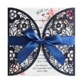 Detail of navy blue glitter laser-cut wedding invitation with elegant silk ribbon bow - Navy Blue