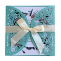 Minzgrüne lasergeschnittene Einladungskarte mit Schleife und Blumen-Vogel-Motiv - Tiffany Blau