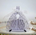 Detail of laser-cut peacock pattern on lavender candy box with white organza ribbon - Light Purple