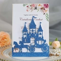 Glitter blue laser cut wedding invitation with castle and pumpkin carriage design - Glitter Royal Blue
