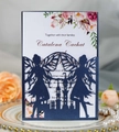 Detail of laser-cut castle and angel design on a navy blue wedding invitation - Deep Blue