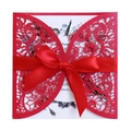Laser cut red wedding invitation with bow ribbon and floral inner card set - Pearlescent Red
