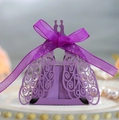 Detail of laser cut purple peacock favor box with shimmering finish and organza ribbon - Dark Purple