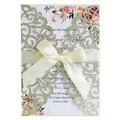 Partecipazione di nozze glitterata tagliata al laser con nastro e inserto floreale - Oro Chiaro Glitter