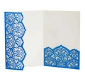 Detail of blue glitter laser cut invitation cover with intricate floral lace pattern - Glitter Royal Blue