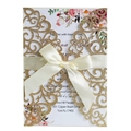 Invito nozze oro glitterato tagliato al laser con fiocco crema e stampa floreale - Oro Rosa Scintillante
