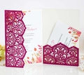 Detail of laser-cut magenta glitter wedding invitation with autumn maple leaf inner cards - Glitter Rose Red