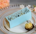 Detailed laser-cut rose pattern on light blue gift box with golden inner tray for weddings - Pearl Pale Blue