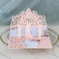 Pink laser cut 3D wedding invitation with couple silhouette on elegant gold tray - Light Pink ZQ