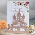 Biglietto d'invito oro rosa tagliato al laser con castello glitter e carrozza - Oro Champagne Scintillante