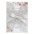 Silver glitter laser-cut wedding invitation set with grey silk ribbon bow and floral card - Silver Glitter