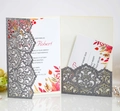 Detail of silver laser-cut invitation with maple leaf card and pearl decoration - Glitter Charcoal Silver