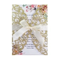 Elegant gold glitter laser-cut wedding invitation with cream satin ribbon and floral insert - Glitter Golden Yellow