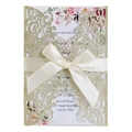 Glitter gold laser cut wedding invitation with ivory silk bow and floral insert card - Light Gold Glitter