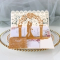 Elegant 3D laser cut wedding invitation with gold glitter paper and floral inner card - Glitter Golden Yellow