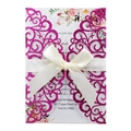 Glitter magenta laser cut wedding invitation with cream satin bow and floral insert - Glitter Rose Red