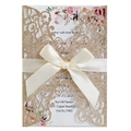 Champagne gold glitter laser-cut wedding invitation with cream ribbon and floral inner card - Glitter Rose Gold