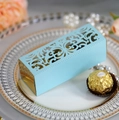 Detailed laser-cut light blue wedding favor box with ornate vine pattern and gold interior - Pearl Pale Blue