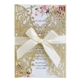 Glittering gold laser cut wedding invitation with cream satin bow and floral insert - Glitter Golden Yellow