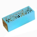 Detailed laser-cut blue wedding favor box with gold lining and intricate rose pattern - Tiffany Blue
