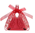 Laser cut red wedding favor box featuring bride and groom silhouette and ribbon - Red