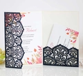 Detail of laser cut navy blue glitter wedding invitation with autumn floral RSVP cards - Glitter Dark Blue